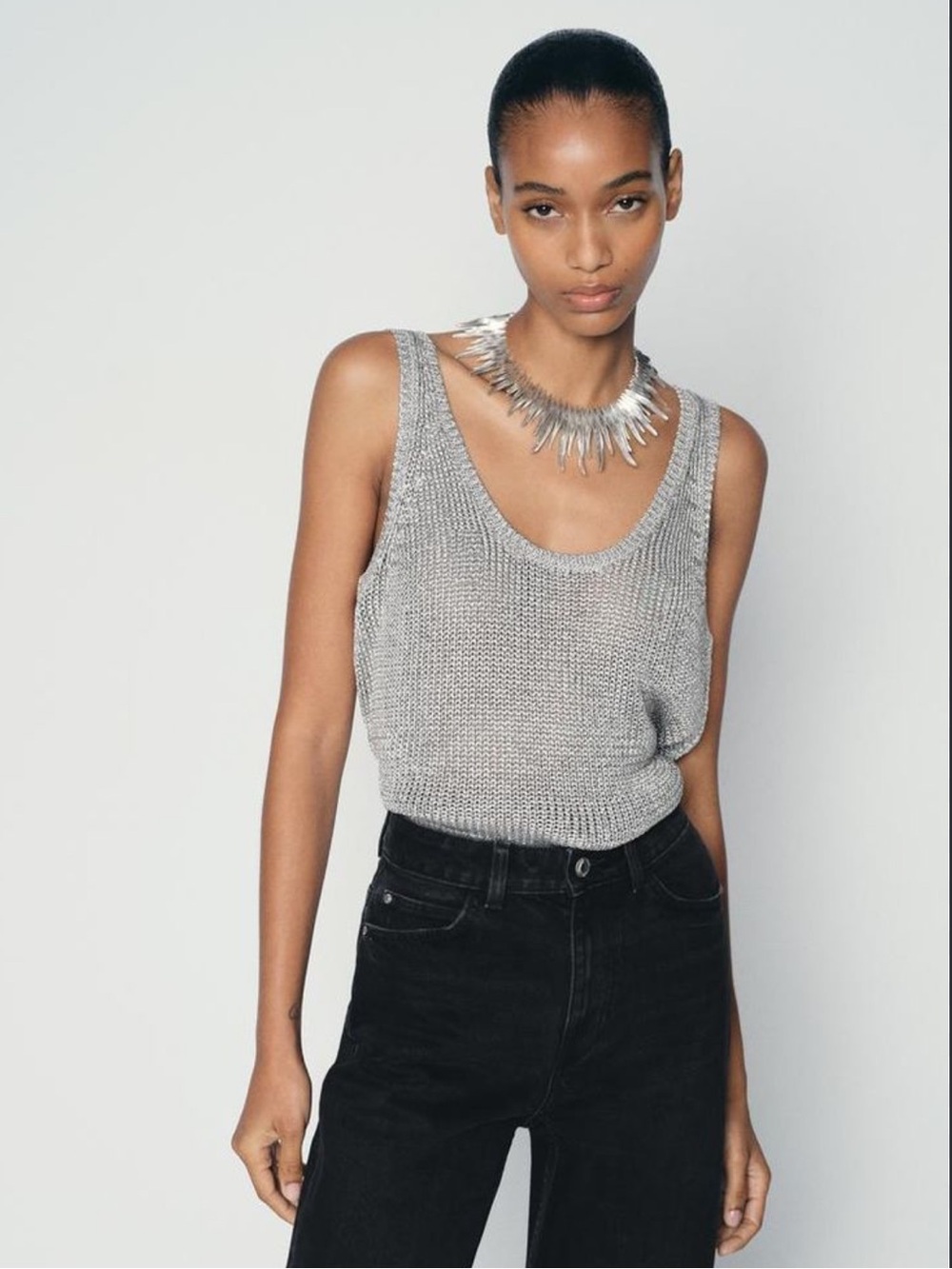 Zara Metallic Silver Knit Tank Top